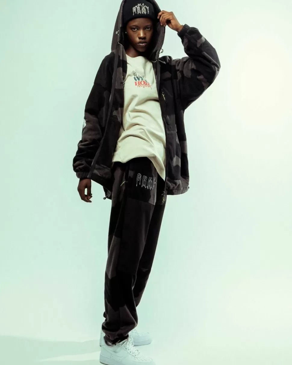 Pants*Grimey Back At You All Over Print Polar Fleece Track Pants - Black