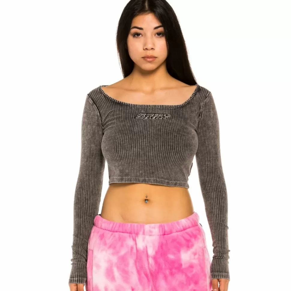 Tees & Tops*Grimey "Space Lady" Long Sleeve Crop Top - Bleached Black - Winter 21