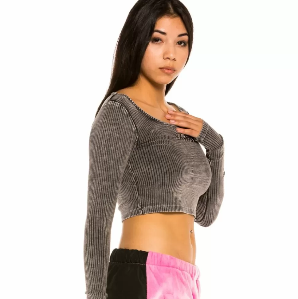 Tees & Tops*Grimey "Space Lady" Long Sleeve Crop Top - Bleached Black - Winter 21