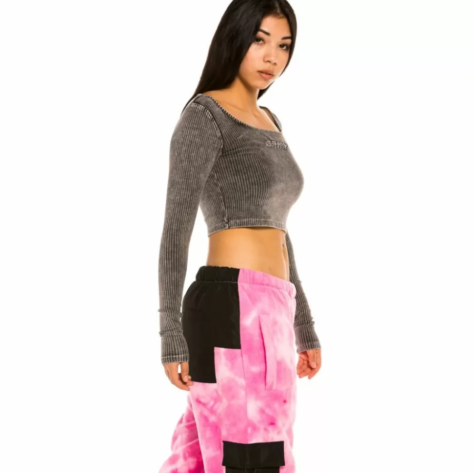 Tees & Tops*Grimey "Space Lady" Long Sleeve Crop Top - Bleached Black - Winter 21