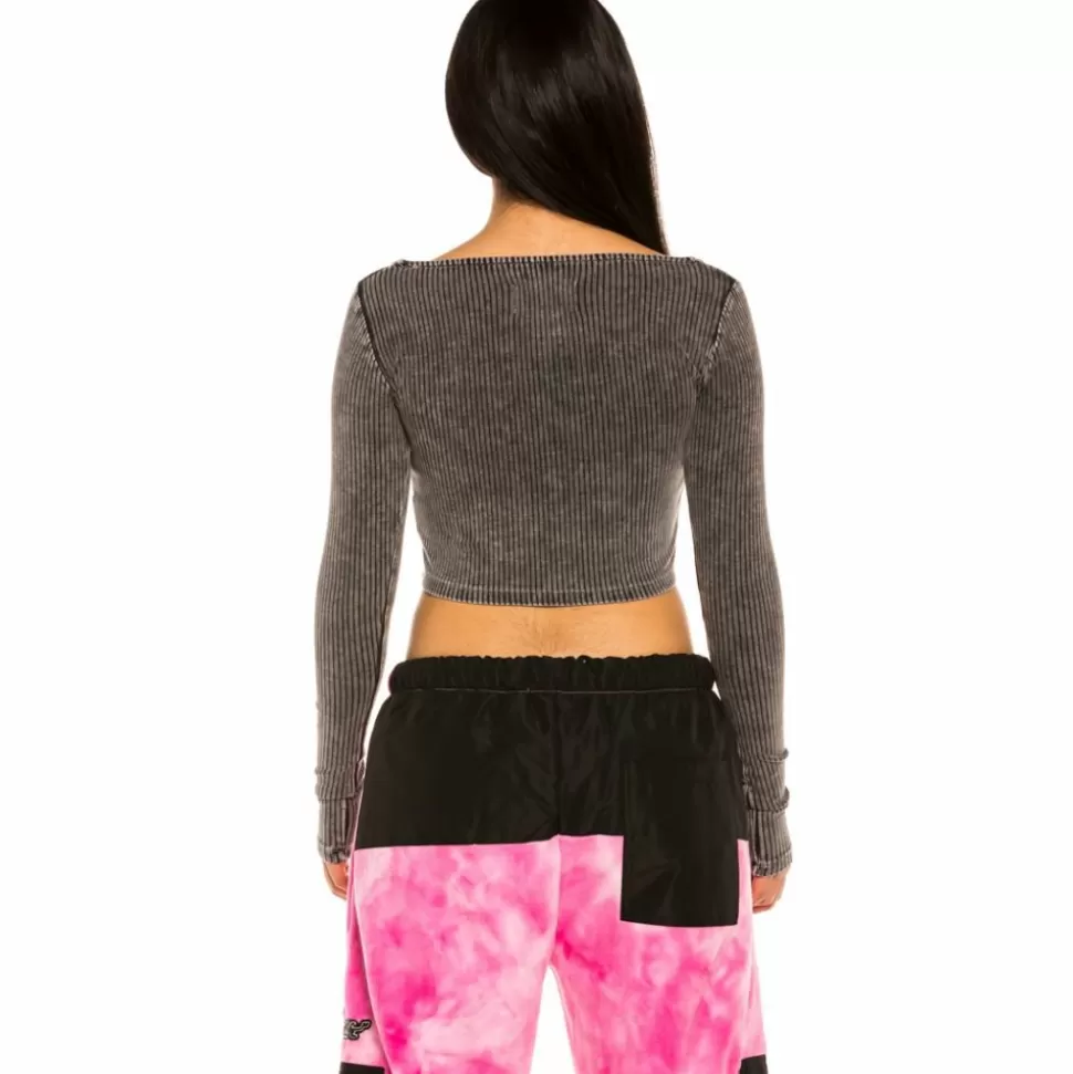 Tees & Tops*Grimey "Space Lady" Long Sleeve Crop Top - Bleached Black - Winter 21