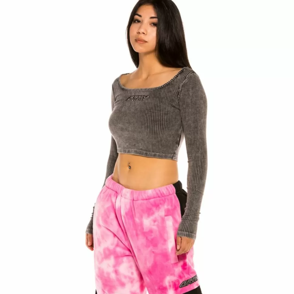 Tees & Tops*Grimey "Space Lady" Long Sleeve Crop Top - Bleached Black - Winter 21