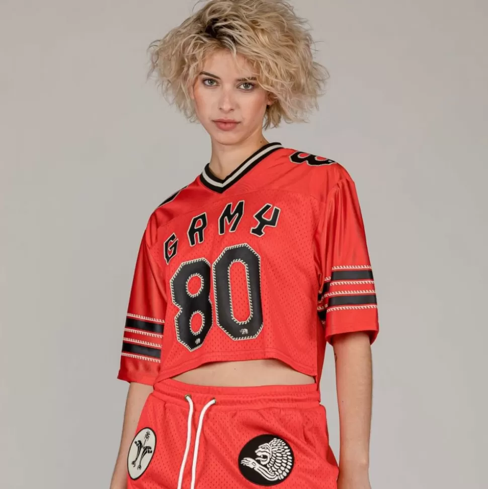Tees & Tops*Grimey The Clout Mesh Crop Girl Football Jersey - Red - Spring 23