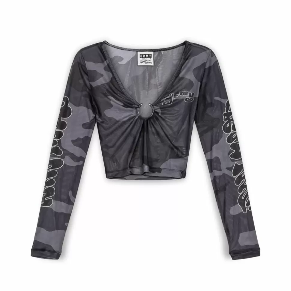 Tees & Tops*Grimey Tusker Temple Micro Mesh Girl Long Sleeve Crop Top - Black - Fw23