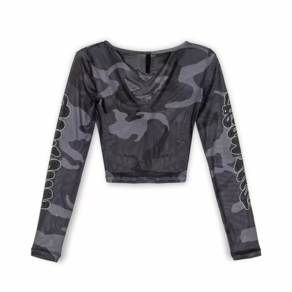 Tees & Tops*Grimey Tusker Temple Micro Mesh Girl Long Sleeve Crop Top - Black - Fw23