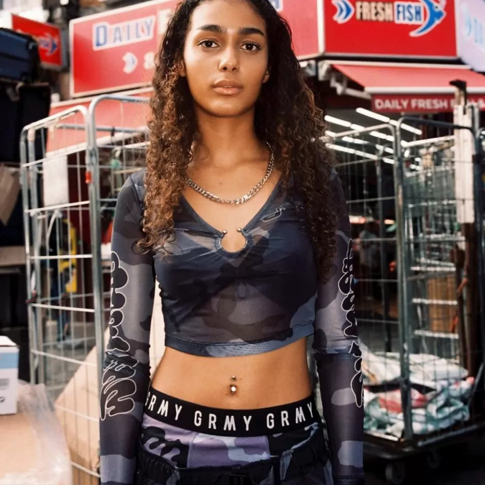 Tees & Tops*Grimey Tusker Temple Micro Mesh Girl Long Sleeve Crop Top - Black - Fw23