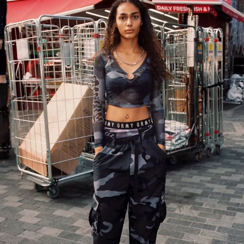 Tees & Tops*Grimey Tusker Temple Micro Mesh Girl Long Sleeve Crop Top - Black - Fw23