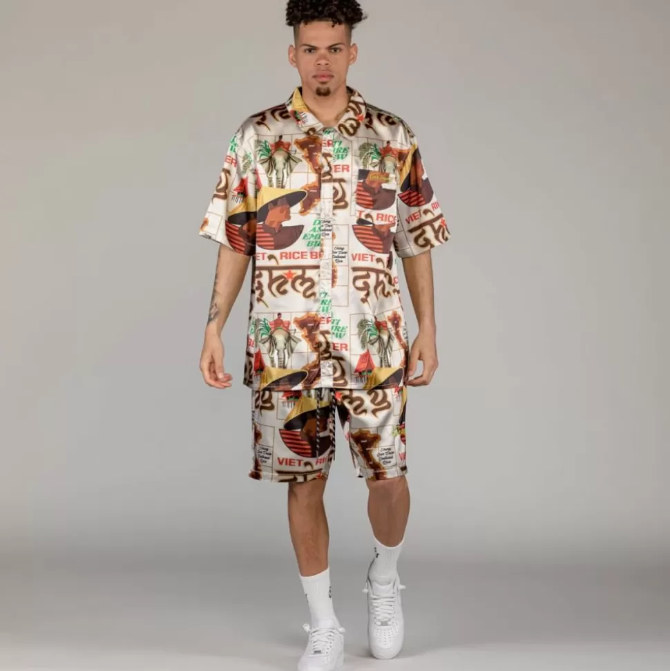 Shirts*Grimey Viet Cong Beer Satin Button Up Shirt - White - Summer 23
