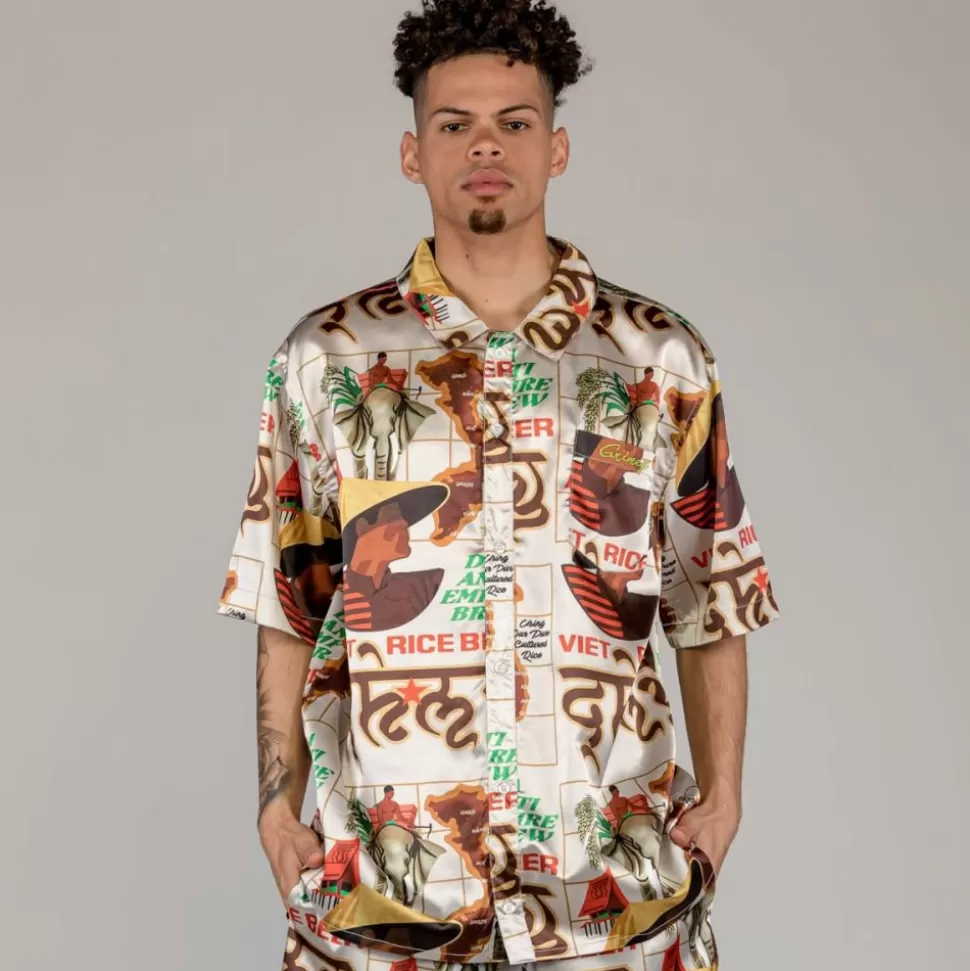 Shirts*Grimey Viet Cong Beer Satin Button Up Shirt - White - Summer 23