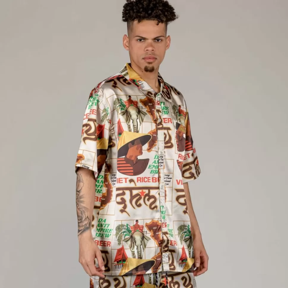 Shirts*Grimey Viet Cong Beer Satin Button Up Shirt - White - Summer 23