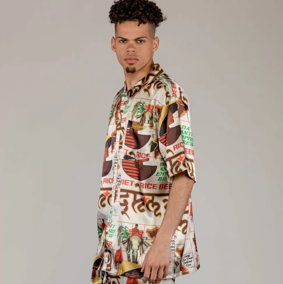 Shirts*Grimey Viet Cong Beer Satin Button Up Shirt - White - Summer 23