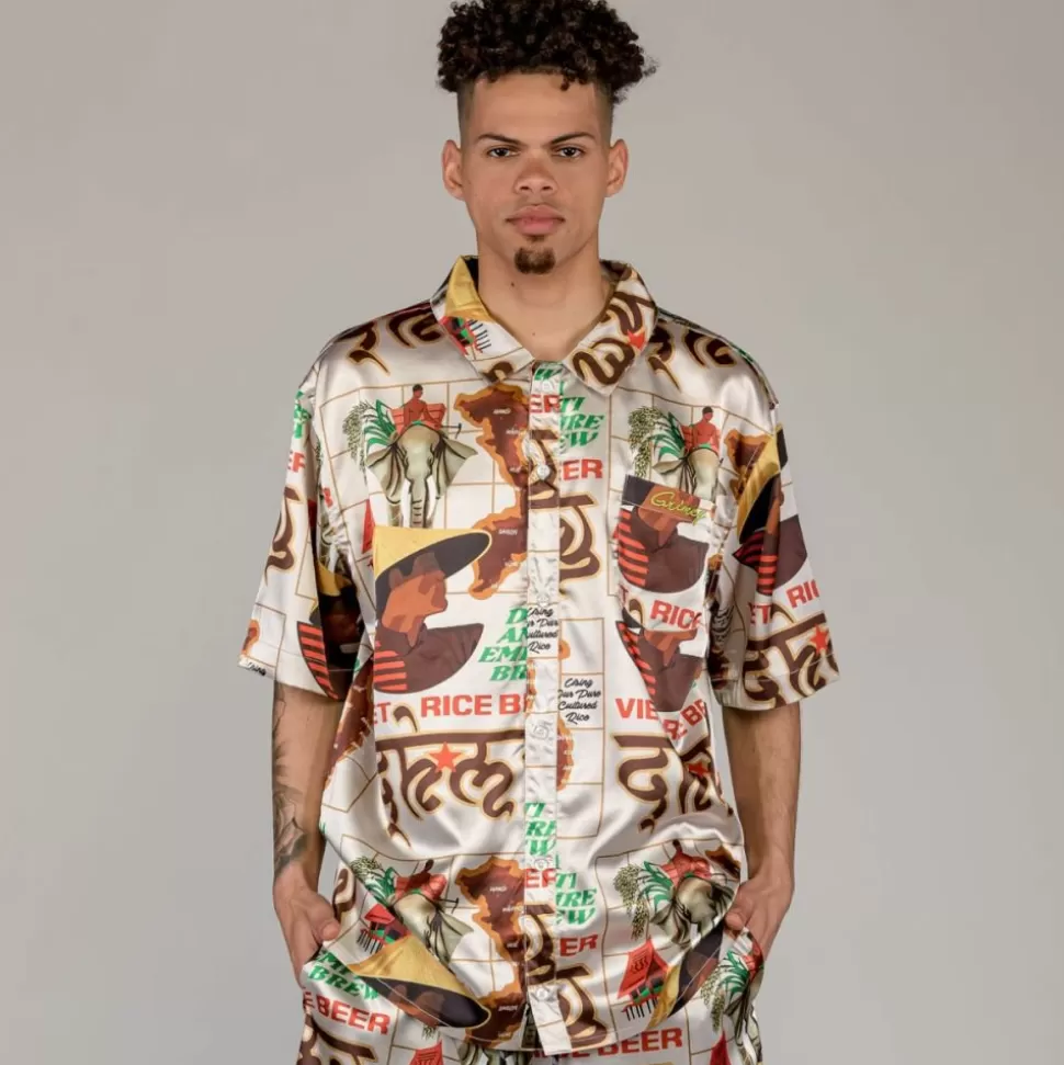 Shirts*Grimey Viet Cong Beer Satin Button Up Shirt - White - Summer 23